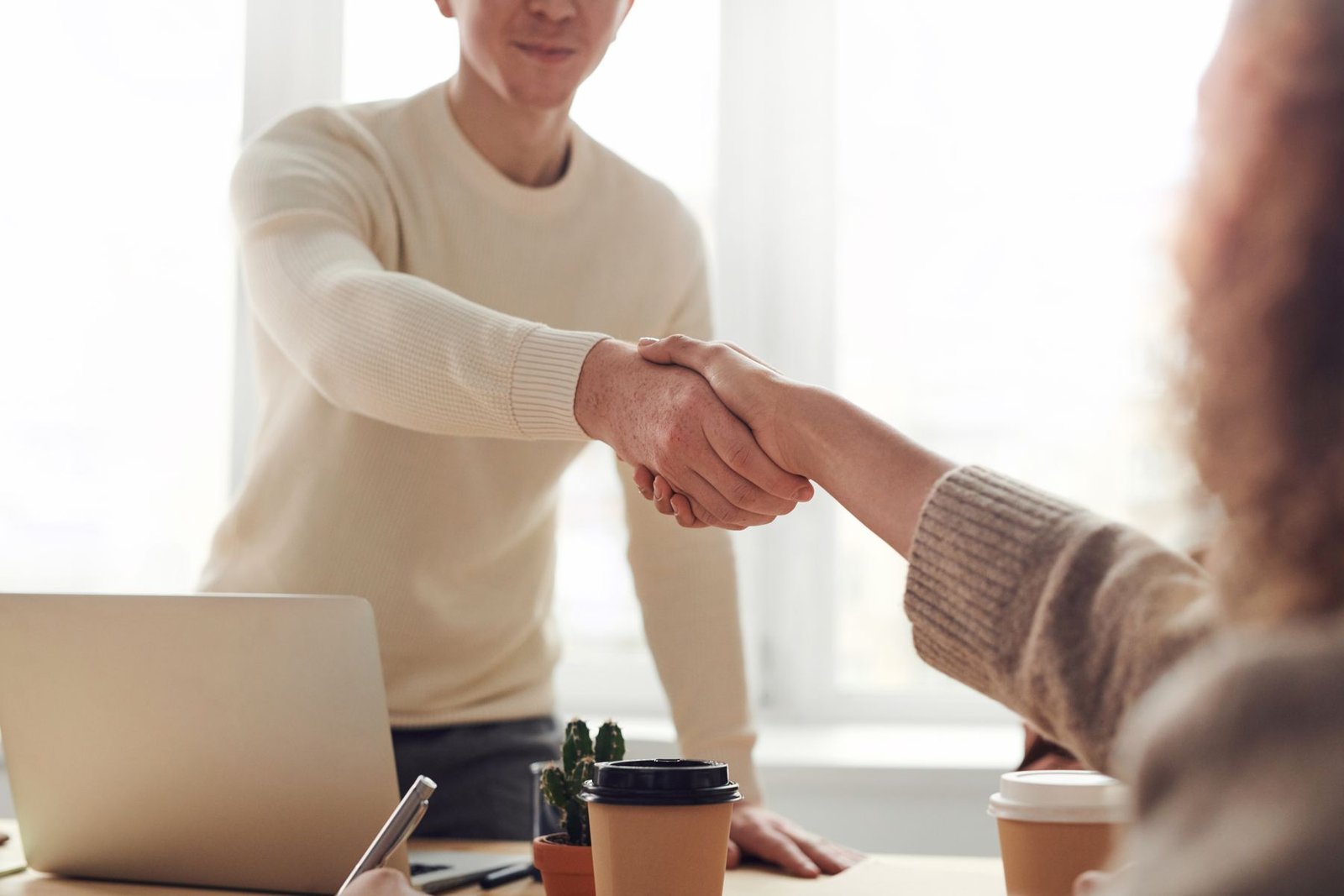 Professionals exchanging a handshake across an office table